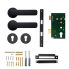 Momo Aspen lever handle with black finish, mounted on door, featuring sleek ergonomic design and modern style.