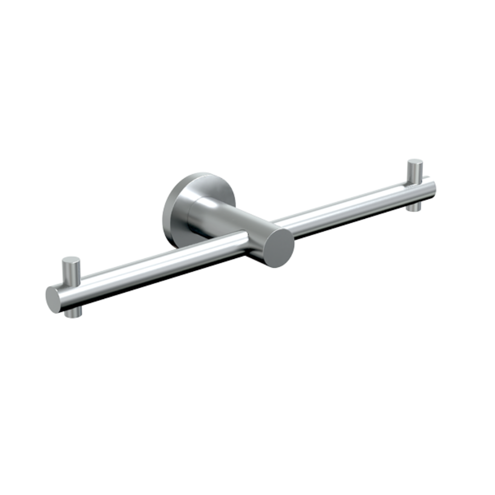 Stainless steel Metlam double toilet paper roll holder mounted on bathroom wall, designed for easy access and durability.
