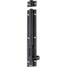 Tradco barrel bolt in black metal with a sturdy latch and mounting screws, ideal for securing doors and gates.