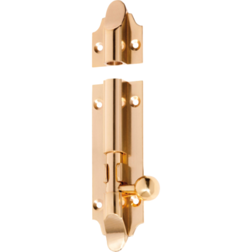 Tradco Victorian barrel bolt in black metal, showing its classic design for securing doors and windows.