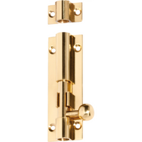 Tradco barrel bolt lock showing a metal sliding bolt and mounting plate, ideal for securing doors and windows.