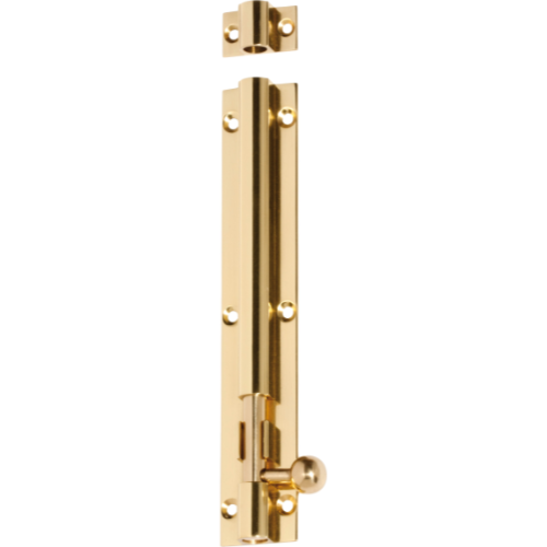 Tradco barrel bolt in black finish, metal door latch with sliding bolt for securing doors or gates.