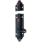 Tradco Victorian barrel bolt lock in black metal, featuring ornate design for secure door or cabinet fastening.