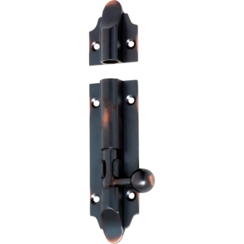 Tradco Victorian barrel bolt lock in black metal, featuring ornate design for secure door or cabinet fastening.