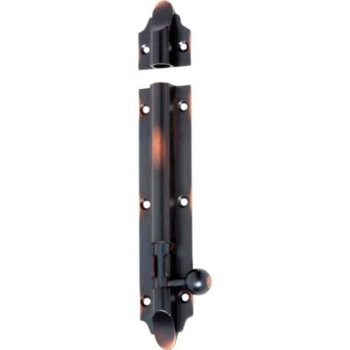 Traditional Victorian-style barrel bolt lock by Tradco, showing a brass finish and detailed craftsmanship for door security.