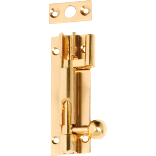 Tradco 75mm barrel bolt offset, metal door latch with handle and locking mechanism for secure closure.