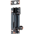 Tradco 75mm Barrel Bolt Offset in matte finish, shown installed on a wooden door for secure locking and added security.
