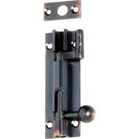Tradco 75mm Barrel Bolt Offset in matte finish, shown installed on a wooden door for secure locking and added security.