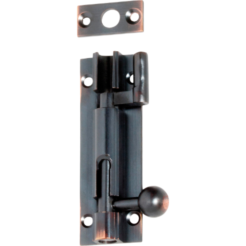 Tradco 75mm Barrel Bolt Offset in matte finish, shown installed on a wooden door for secure locking and added security.
