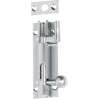 Tradco barrel bolt in black metal, used as a door or window latch for secure fastening and added safety.