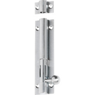Tradco barrel bolt in black metal, mounted on a wooden door for secure sliding and locking functionality.