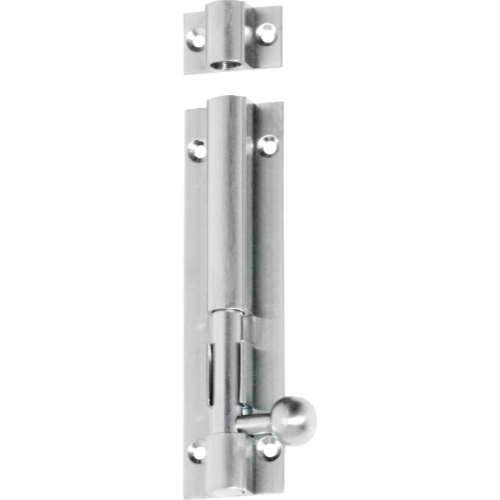 Tradco barrel bolt in black metal, mounted on a wooden door for secure sliding and locking functionality.