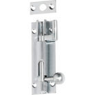 Tradco 75mm barrel bolt offset latch installed on wooden door, showing secure locking mechanism and metal finish.