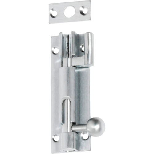 Tradco 75mm barrel bolt offset latch installed on wooden door, showing secure locking mechanism and metal finish.