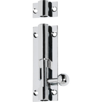 Tradco barrel bolt in black finish, mounted on wooden door for secure locking and easy manual operation.