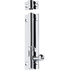 Tradco barrel bolt lock in black, mounted on a wooden door for secure latching and added safety.
