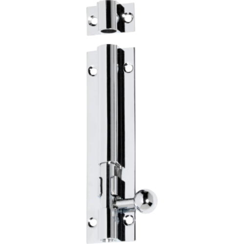 Tradco barrel bolt lock in black, mounted on a wooden door for secure latching and added safety.
