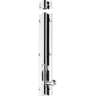 Tradco barrel bolt in black metal with mounting screws, used for securing doors and gates.
