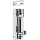 Tradco 75mm barrel bolt offset lock showing the metal latch and mounting plate for secure door fastening