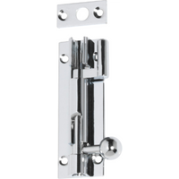 Tradco 75mm barrel bolt offset lock showing the metal latch and mounting plate for secure door fastening