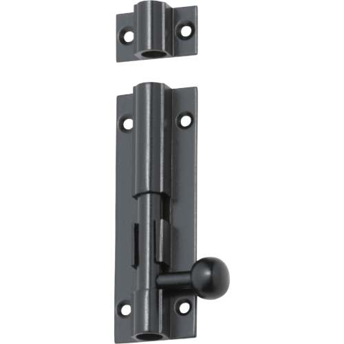 Tradco barrel bolt latch with black finish, mounted on a wooden door, for secure door fastening and added security.