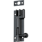 Tradco 75mm barrel bolt offset lock, metal security latch with screw holes, suitable for doors and gates.