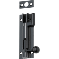 Tradco 75mm barrel bolt offset lock, metal security latch with screw holes, suitable for doors and gates.