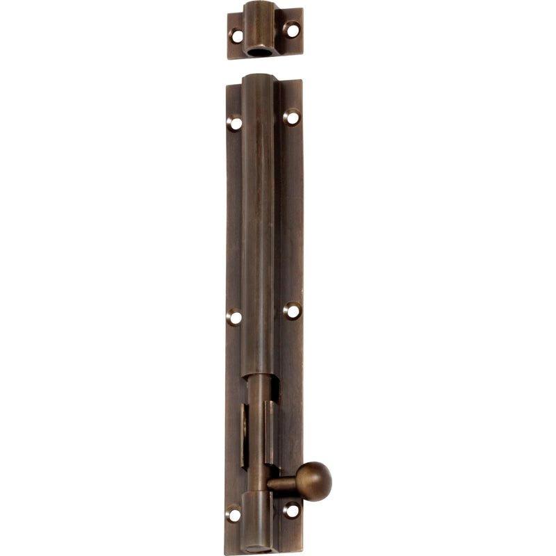 Tradco barrel bolt lock in black finish with mounting screws, ideal for securing doors and gates.