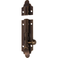 Tradco Victorian barrel bolt in brass finish, secure door latch with classic design and sturdy construction.