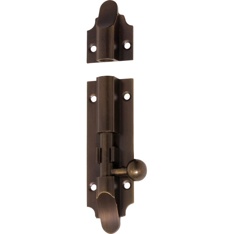 Tradco Victorian barrel bolt in brass finish, secure door latch with classic design and sturdy construction.
