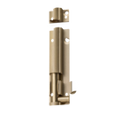 Tradco barrel bolt door latch in black finish, showing the lock mechanism and mounting hardware for secure door fastening.