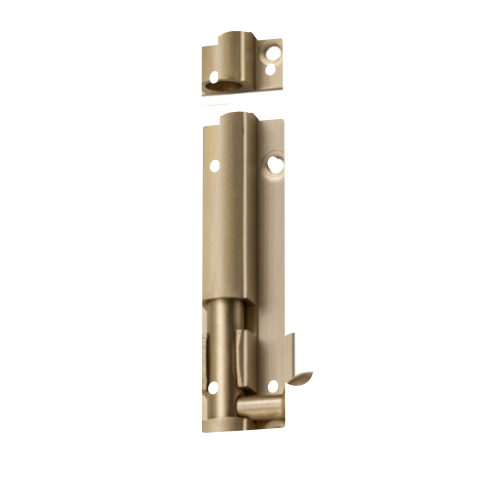 Tradco barrel bolt door latch in black finish, showing the lock mechanism and mounting hardware for secure door fastening.