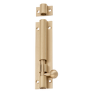 Tradco barrel bolt lock in polished brass, suitable for door security and gate latching with a sturdy, durable design.