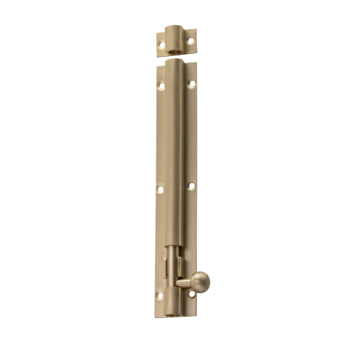 Tradco barrel bolt lock in black finish, mounted on a wooden door, showing its secure sliding mechanism and durable metal construction.