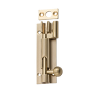 Tradco 75mm barrel bolt offset lock showing a metal latch with mounting screws on a wooden surface.