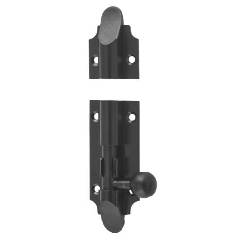 Tradco Victorian barrel bolt in black, featuring classic iron design for secure door or window fastening.