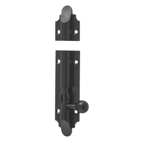 Tradco Victorian barrel bolt lock with metal finish, installed on a door for secure latching and classic decorative appeal.