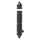 Tradco Victorian barrel bolt in black metal with ornate detailing, suitable for traditional door security and decorative use.