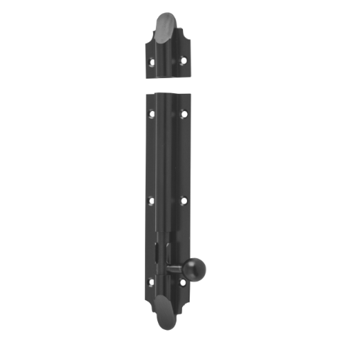Tradco Victorian barrel bolt in black metal with ornate detailing, suitable for traditional door security and decorative use.
