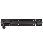 Black Zanda straight barrel bolt, 150mm, showing a secure locking mechanism and sleek metal finish on a door hardware product.