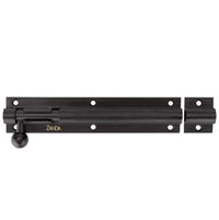 Black Zanda straight barrel bolt, 150mm, showing a secure locking mechanism and sleek metal finish on a door hardware product.