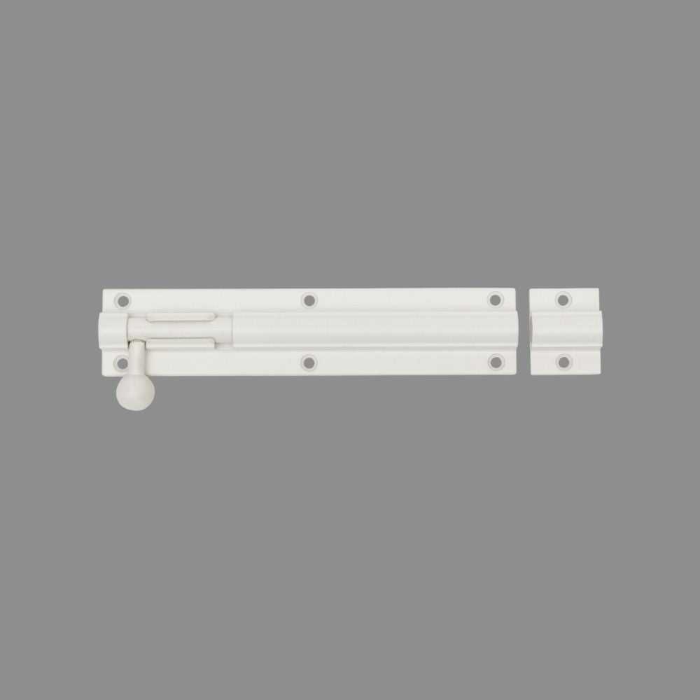 White Zanda straight barrel bolt, 150mm long, showing the secure locking mechanism and sleek design for door security.