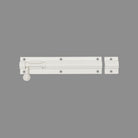 White Zanda straight barrel bolt, 150mm long, showing the secure locking mechanism and sleek design for door security.