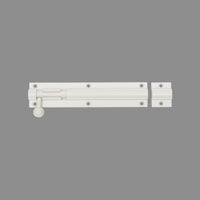 White Zanda straight barrel bolt, 150mm long, showing the secure locking mechanism and sleek design for door security.
