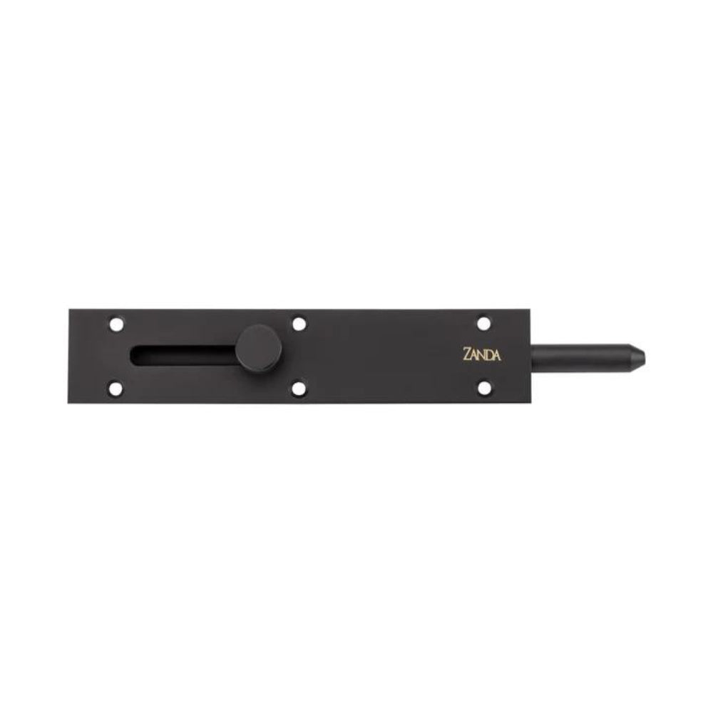 Black Zanda Reverse Barrel Bolt showing its sleek metal finish and mounting plate for secure door fastening.
