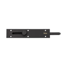 Black Zanda Reverse Barrel Bolt showing its sleek metal finish and mounting plate for secure door fastening.