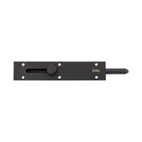 Black Zanda Reverse Barrel Bolt showing its sleek metal finish and mounting plate for secure door fastening.