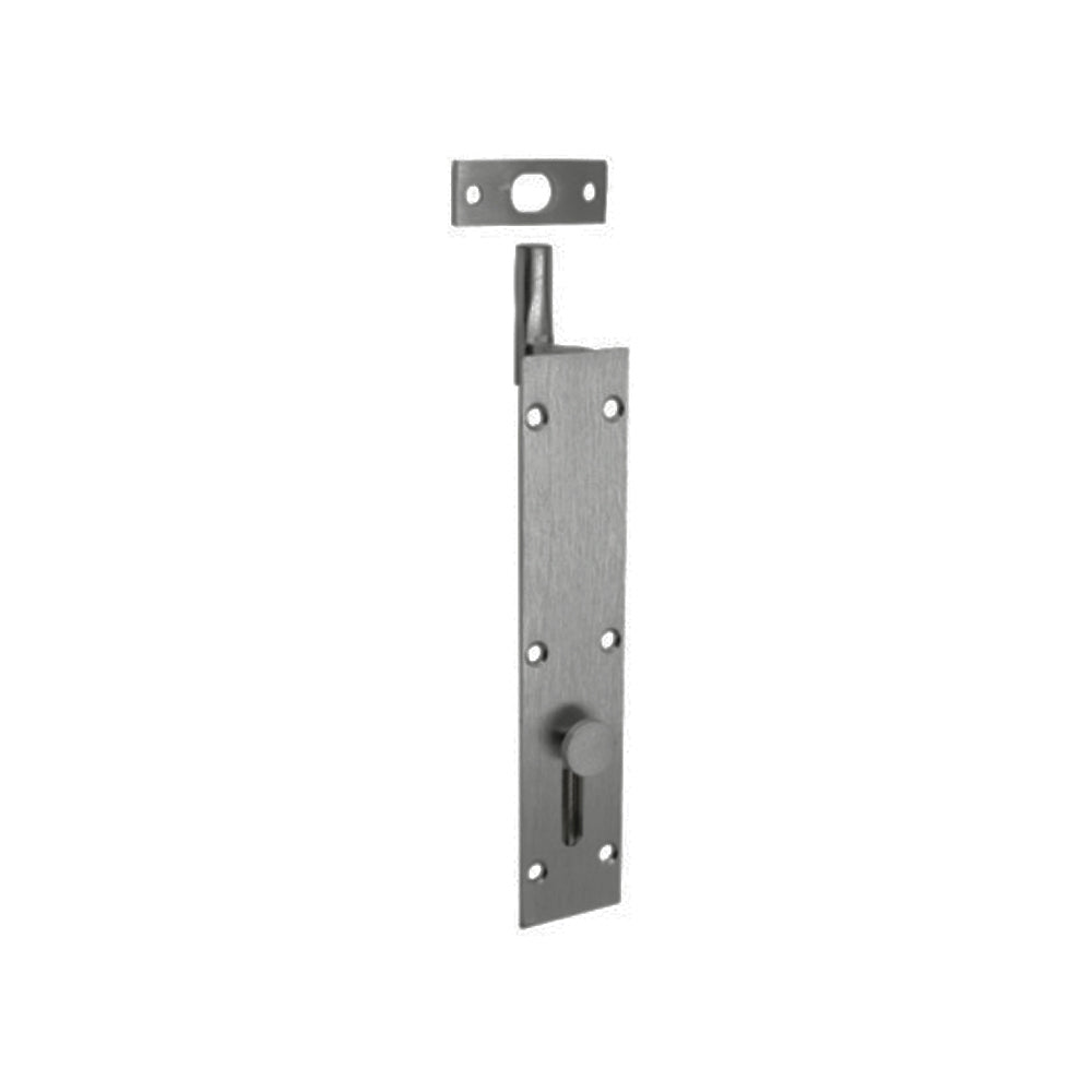 Zanda reverse barrel bolt in brushed nickel finish mounted on door for secure locking and easy operation.