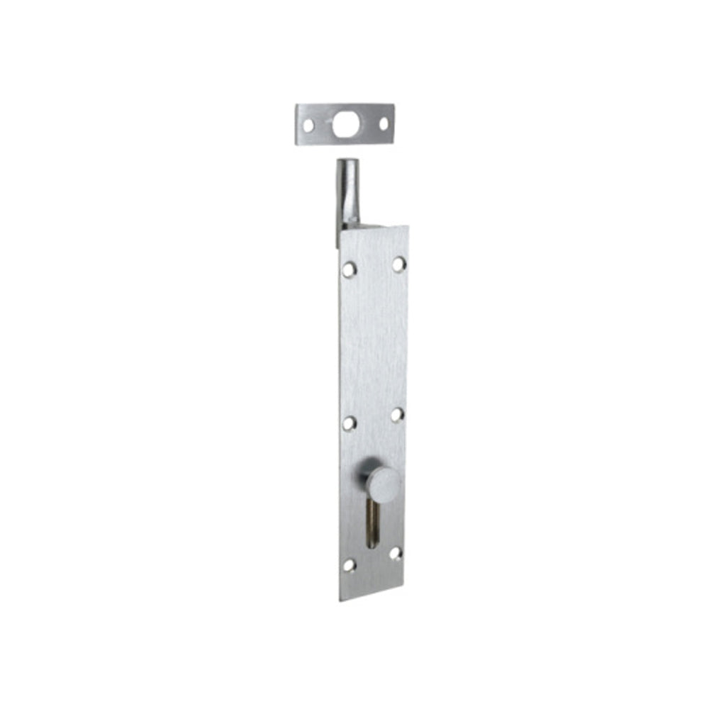 Zanda reverse barrel bolt in black finish, mounted on door for added security and easy locking.