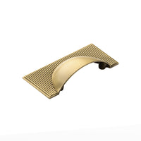Momo Barrington Cup Pull cabinet handle in brushed nickel finish, showing its sleek, curved design and mounting hardware.